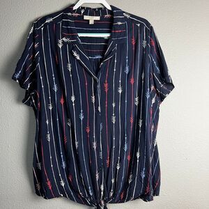 Woman Within Navy Arrow Print Tie Front Button Down Shirt Blouse Plus Size 22/24